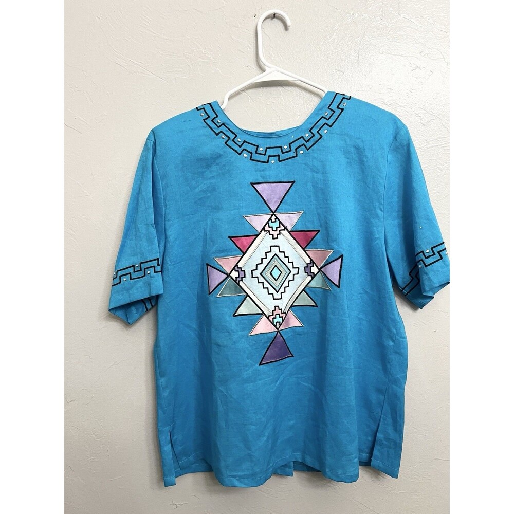 Vintage Gary Fabrikant Blue Shirt Aztec Native Blouse size 10